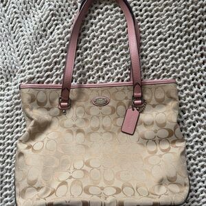 Coach Tan and Pink Signature Tote Bag